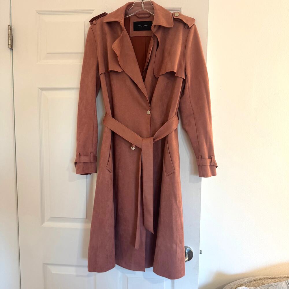 Tahari Mel Faux Suede Belted Trench Coat Dusty Rose Mauve Hooded Size M Luxury
